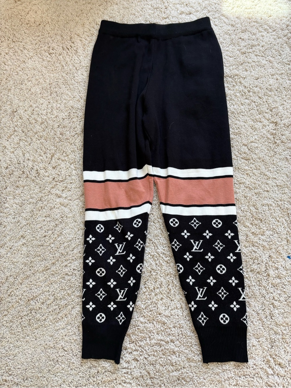 Designer Logo Sweater Knit Lounge Pants Black and Blush Logo Jogger